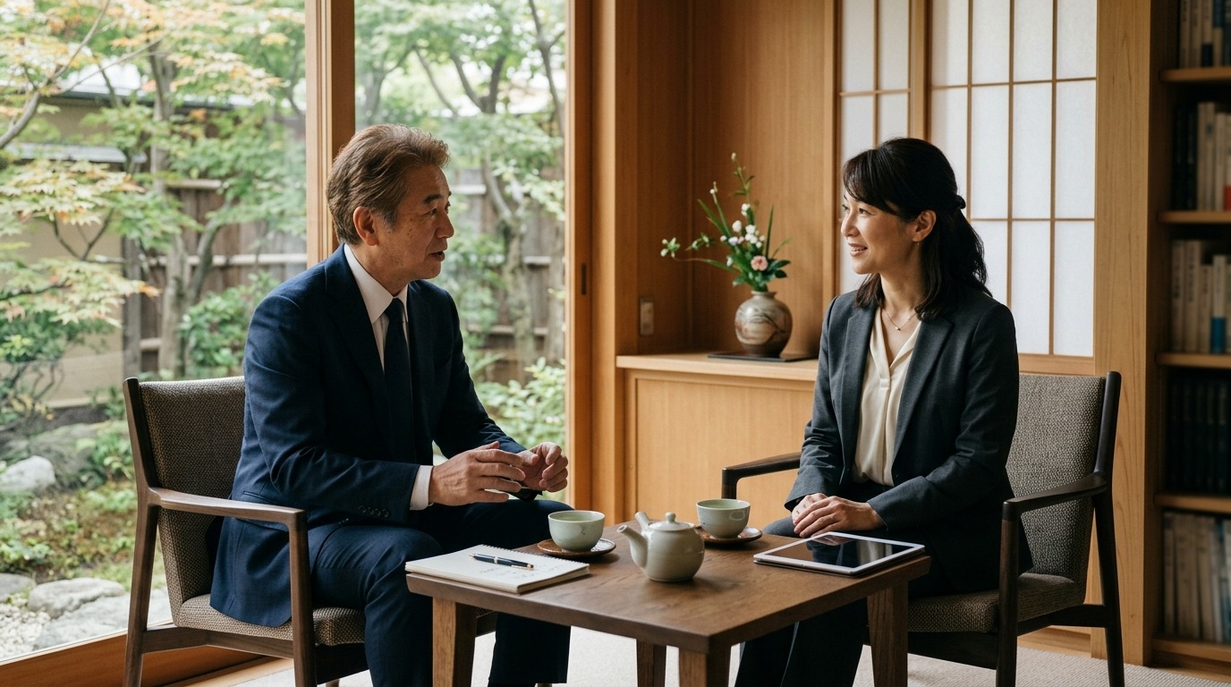 静かなオフィスで落ち着いて対話する場面