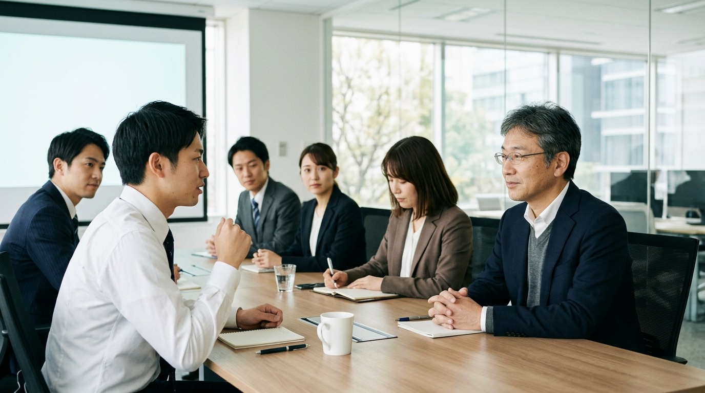 会議に静かに同席する人物と社員たちの場面