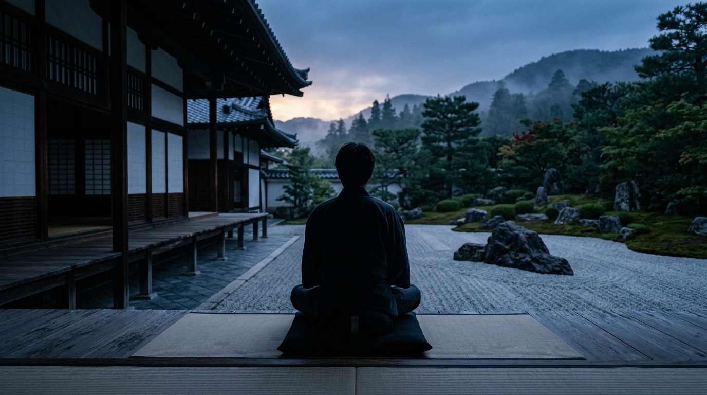 朝の禅庭で坐禅する人のシルエット