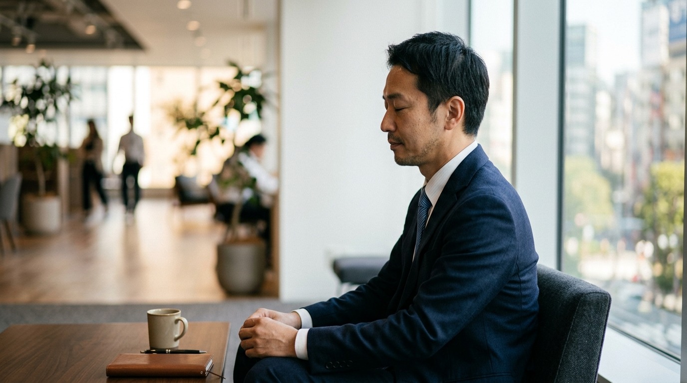 静かに内省するように目を閉じる人の横顔