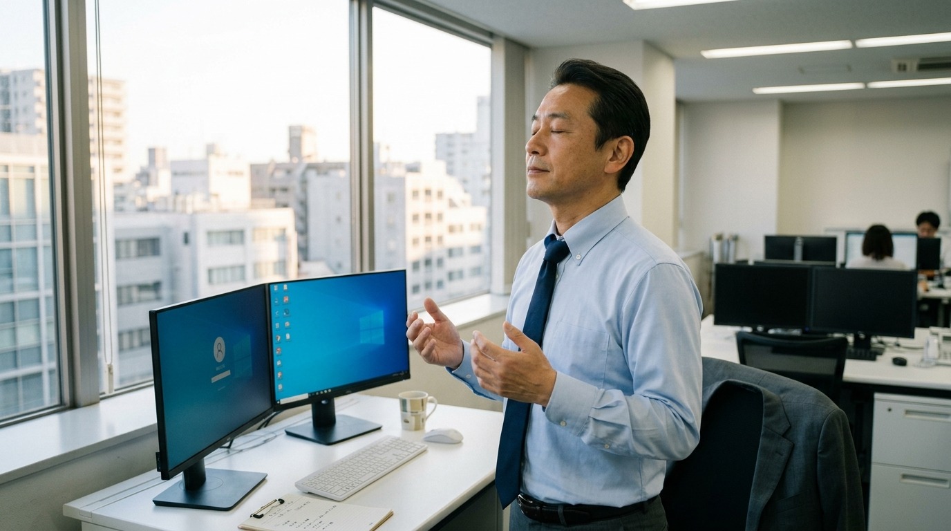 静かな朝の職場で一日を始める前に深呼吸する日本人、穏やかな光