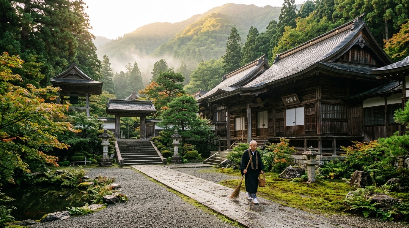 山あいの古い日本のお寺の静かな佇まい