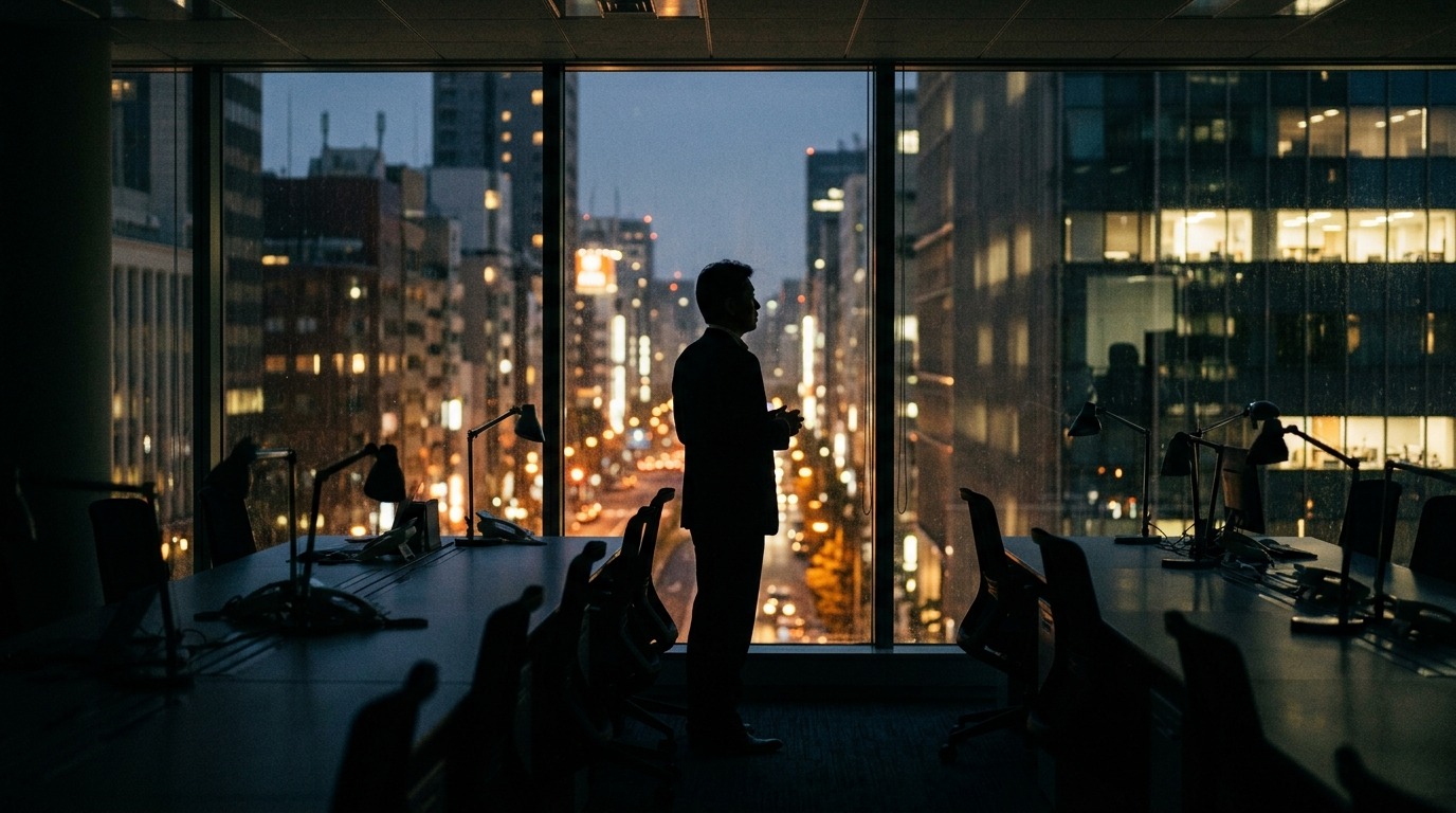 夜の街を望む窓辺にたたずむ人物のシルエット