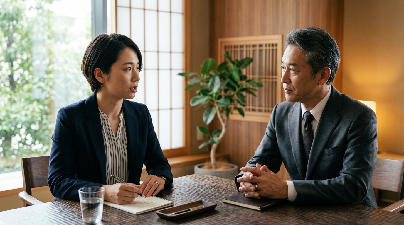 真剣に相談し合う日本人の担当者と落ち着いた相談相手のクローズアップ