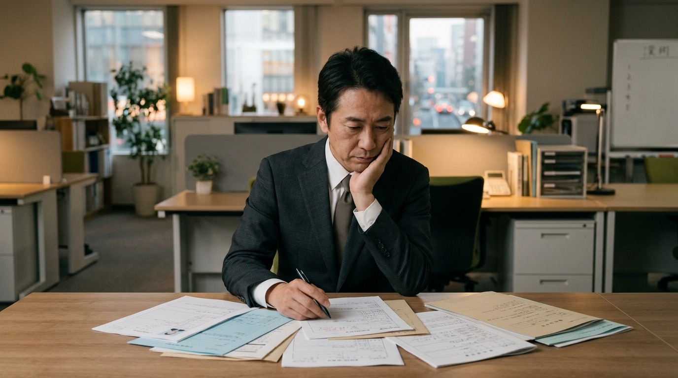 人事担当者が書類を前に一人で悩んでいる場面