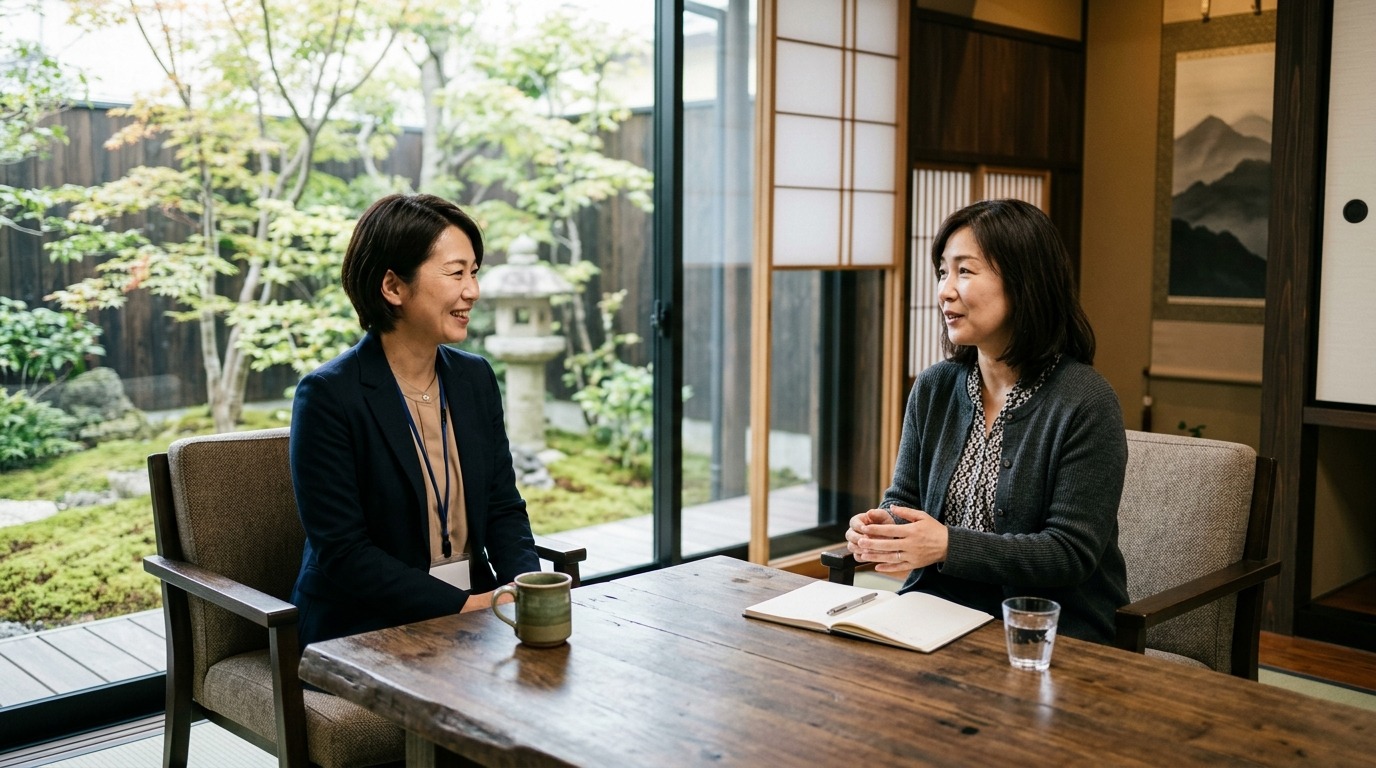 人事担当者と落ち着いた相談相手が並んで話している場面