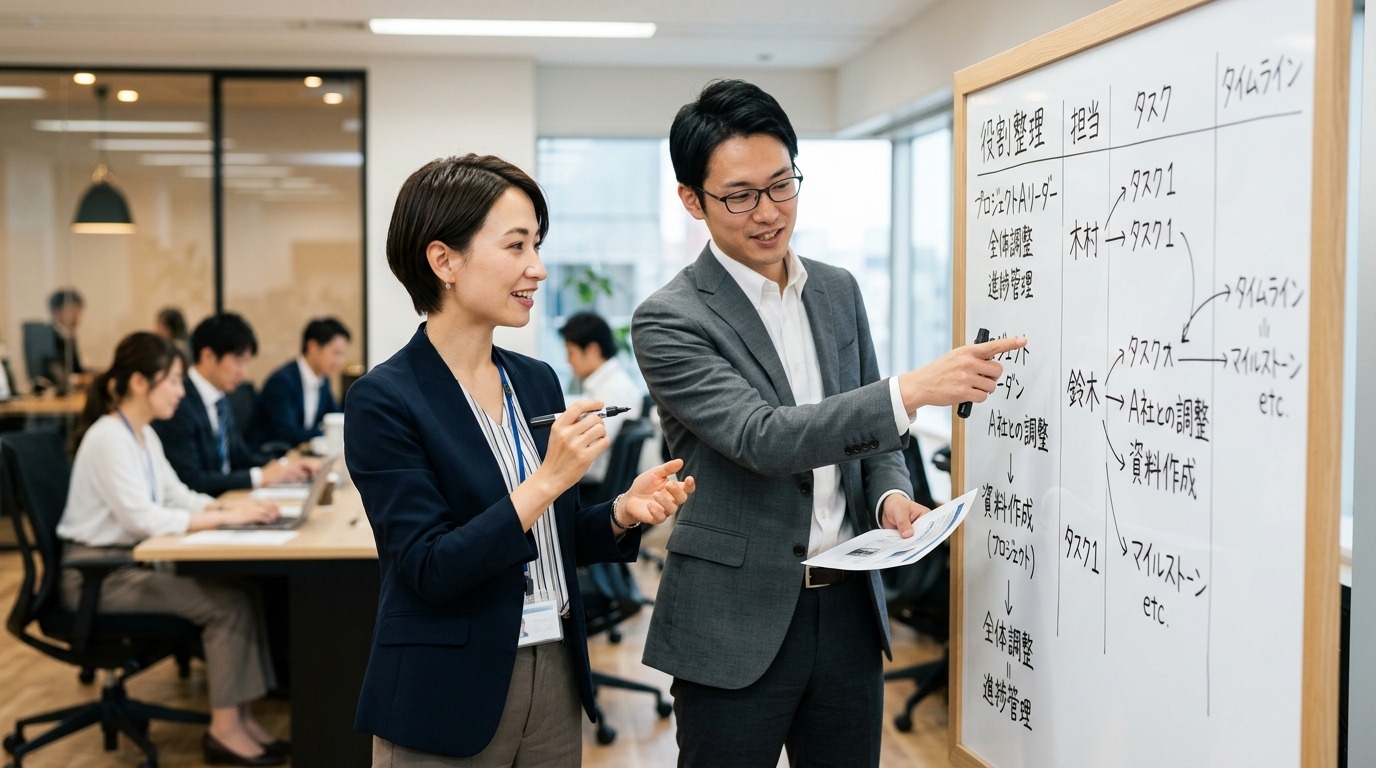 ホワイトボードの前で役割を整理しながら協働する場面