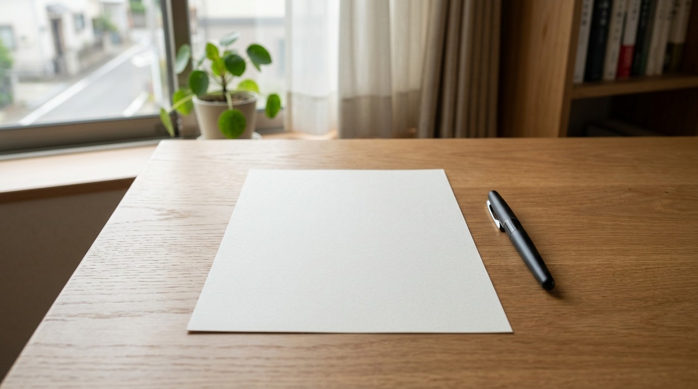 白紙とペンが置かれ、これから何かを始める静かな机の余白