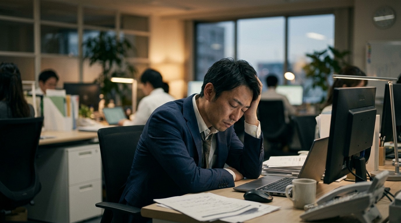 オフィスで疲れた表情でうつむくビジネスパーソン