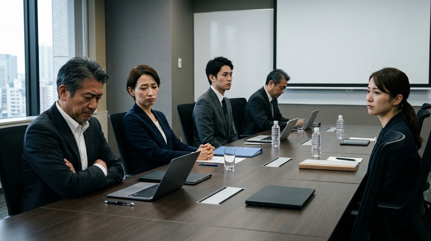 会議で互いに距離を感じている社員たちの場面