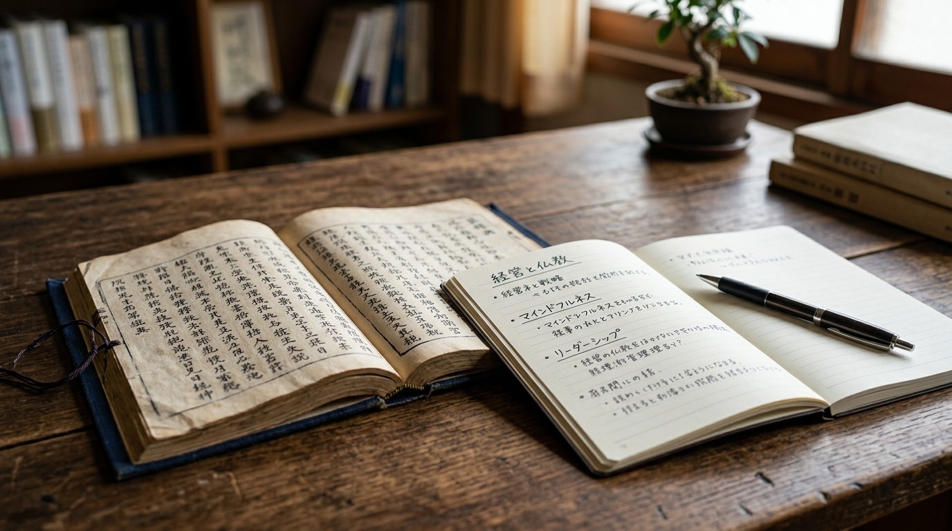古い経典と手書きのノートが並ぶ静かな和室の机