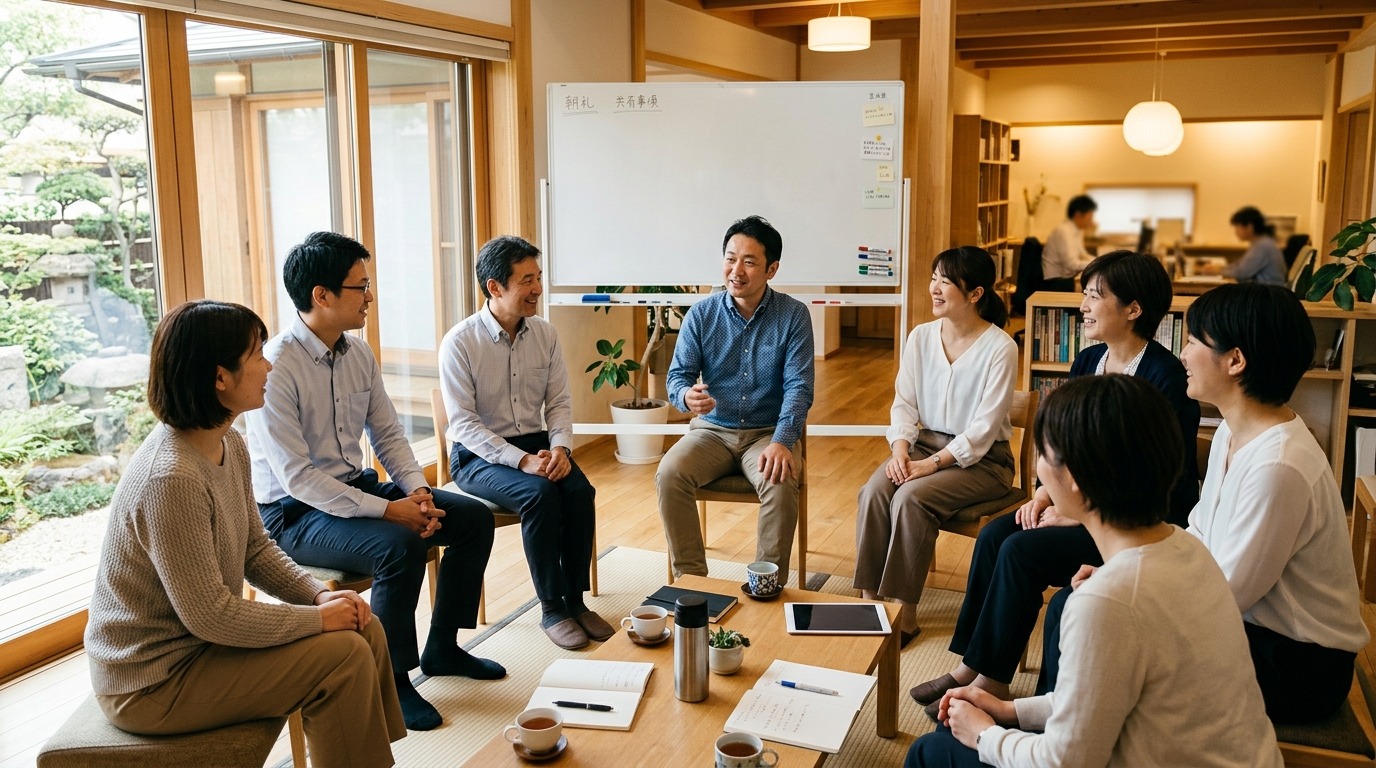 朝礼で車座になり穏やかに話す日本人チーム。温かい光の和モダンな場面