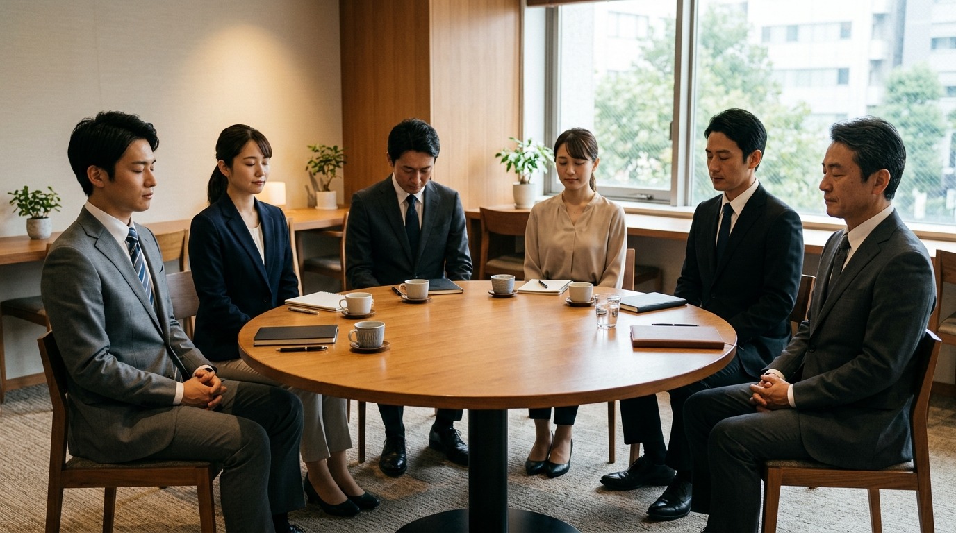 円卓を囲み、目を閉じて静かに時間を共にする日本人の人々