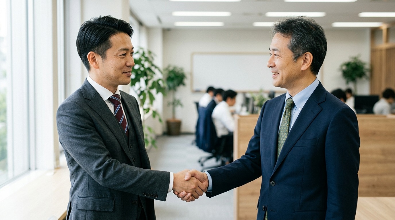 穏やかな表情で向き合い、静かに対話する二人の日本人