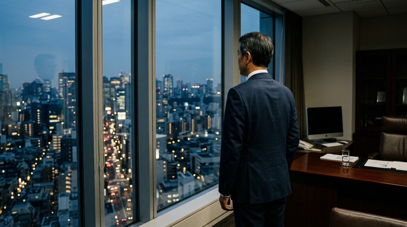 窓の外を静かに見つめる経営者の後ろ姿