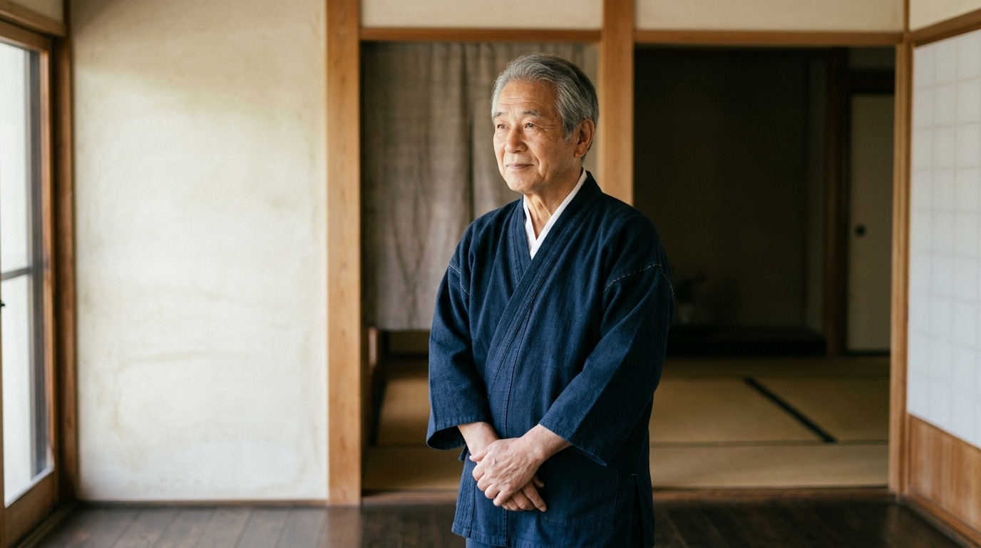 作務衣姿で静かに佇む落ち着いた日本人のポートレート
