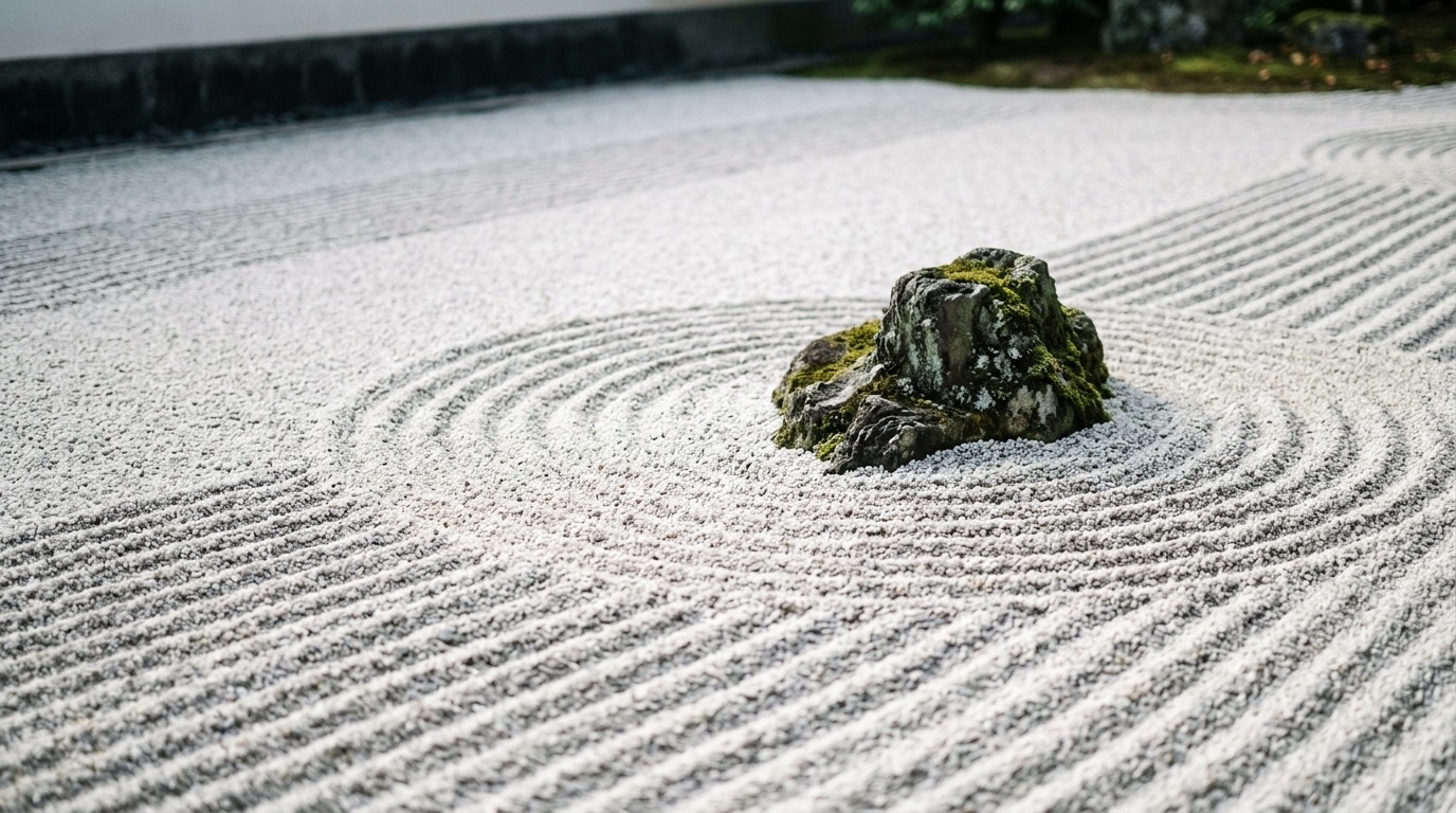 石庭の砂紋のクローズアップ。整えられた静けさと余白のある落ち着いた情景