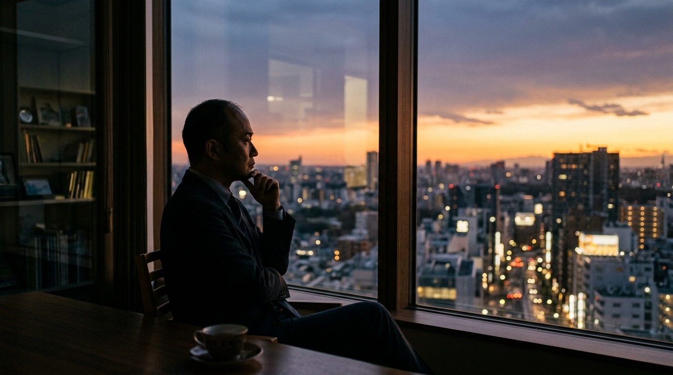 夕暮れの窓辺で物思いにふける日本人経営者のシルエット