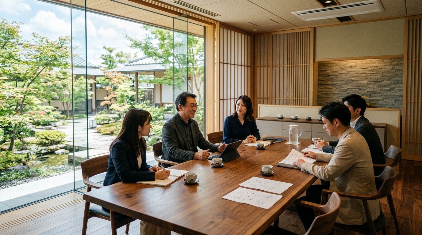 大きな窓のある明るい会議室で理念について穏やかに議論する日本人チーム