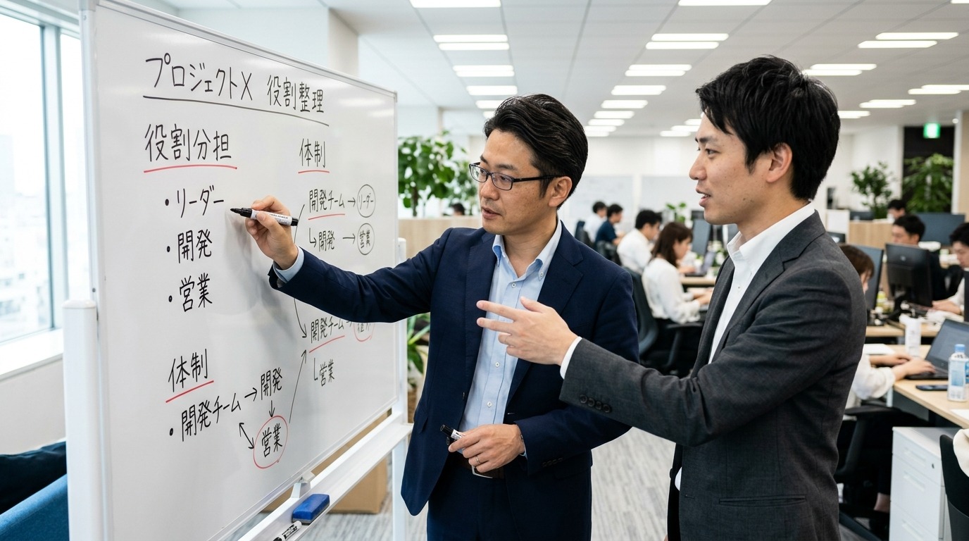ホワイトボードの前で理念の言葉を整理しながら協働する二人の日本人ビジネスパーソン