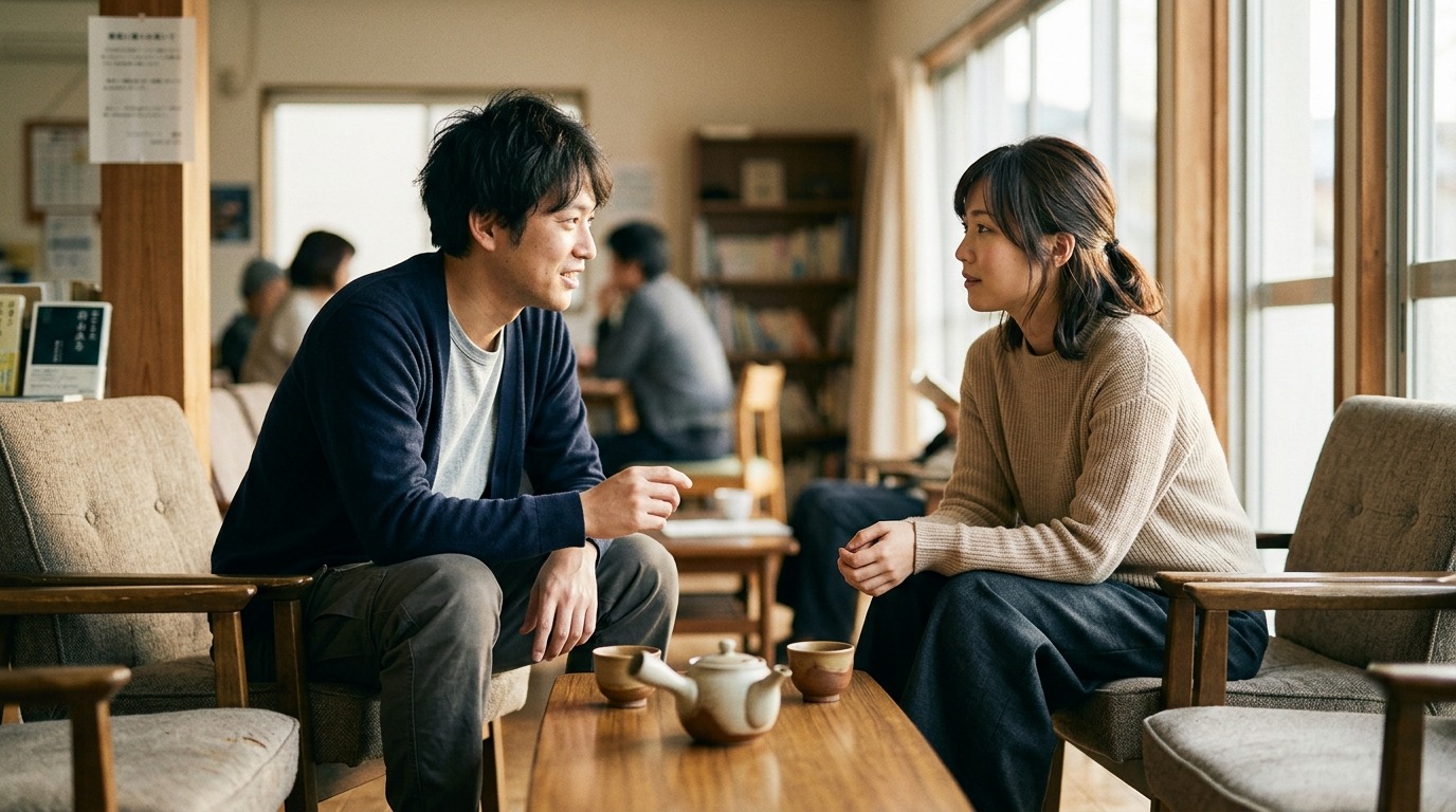 少し離れて座る二人の日本人ビジネスパーソン。距離を残したまま向き合う静かな場面