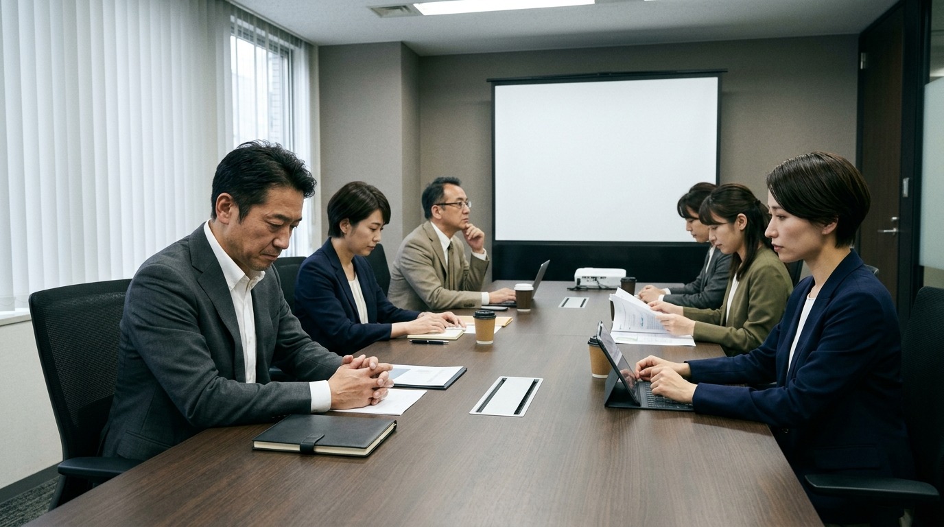会議の場で互いに距離を感じている日本人社員たち。沈黙の残る落ち着いた色調の会議室