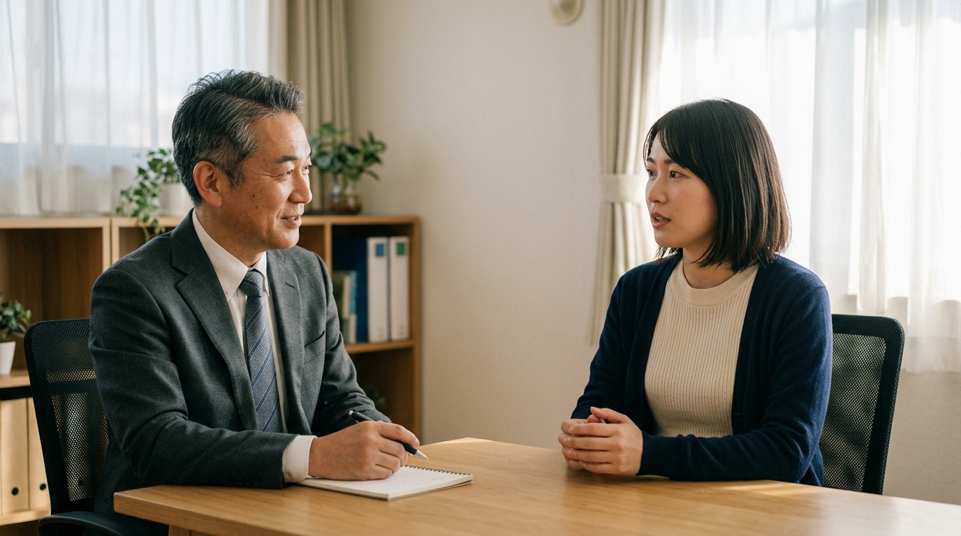 社員一人ひとりと向き合う静かな面談の場面。温かく落ち着いた光の差す室内、日本人