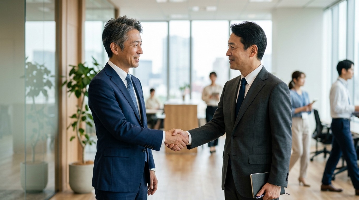 穏やかな表情で対話するビジネスパーソン