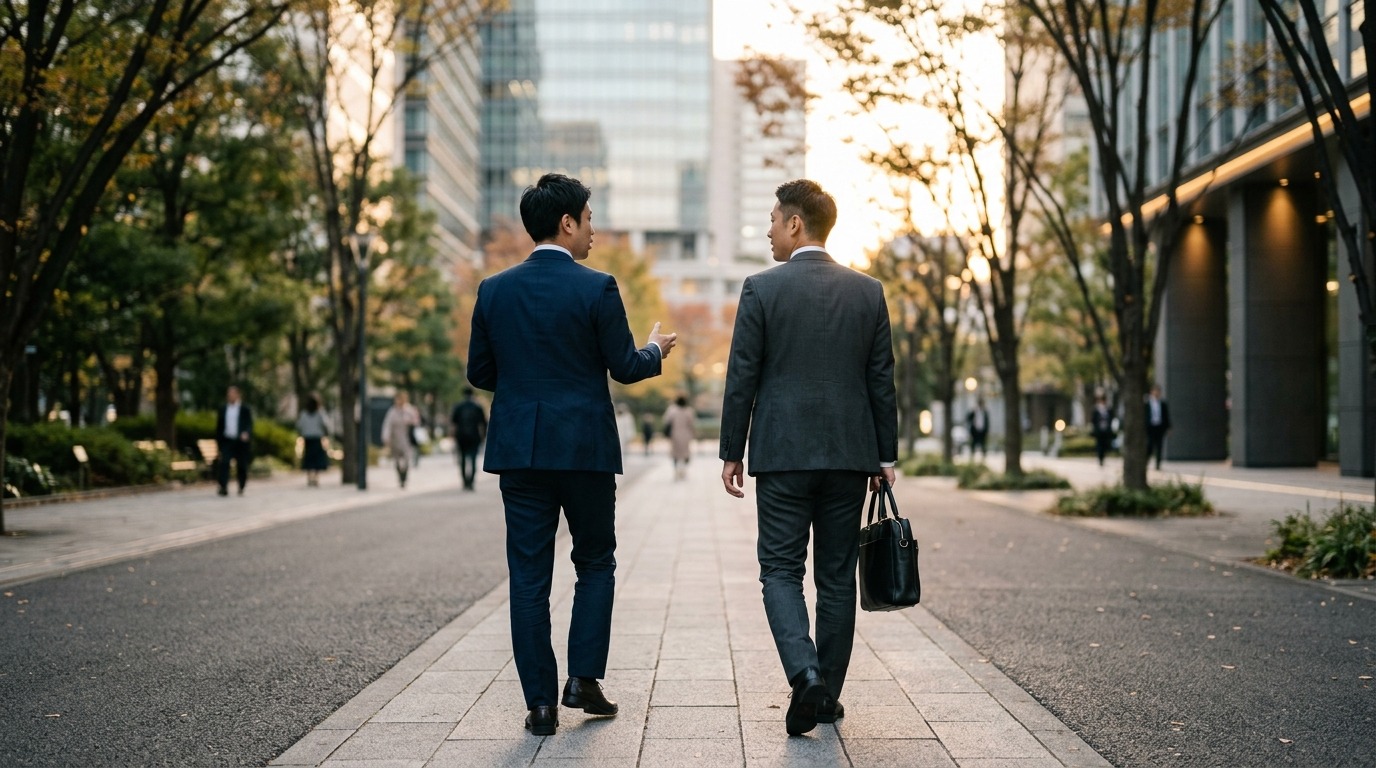 並んで歩きながら静かに語り合う二人の後ろ姿