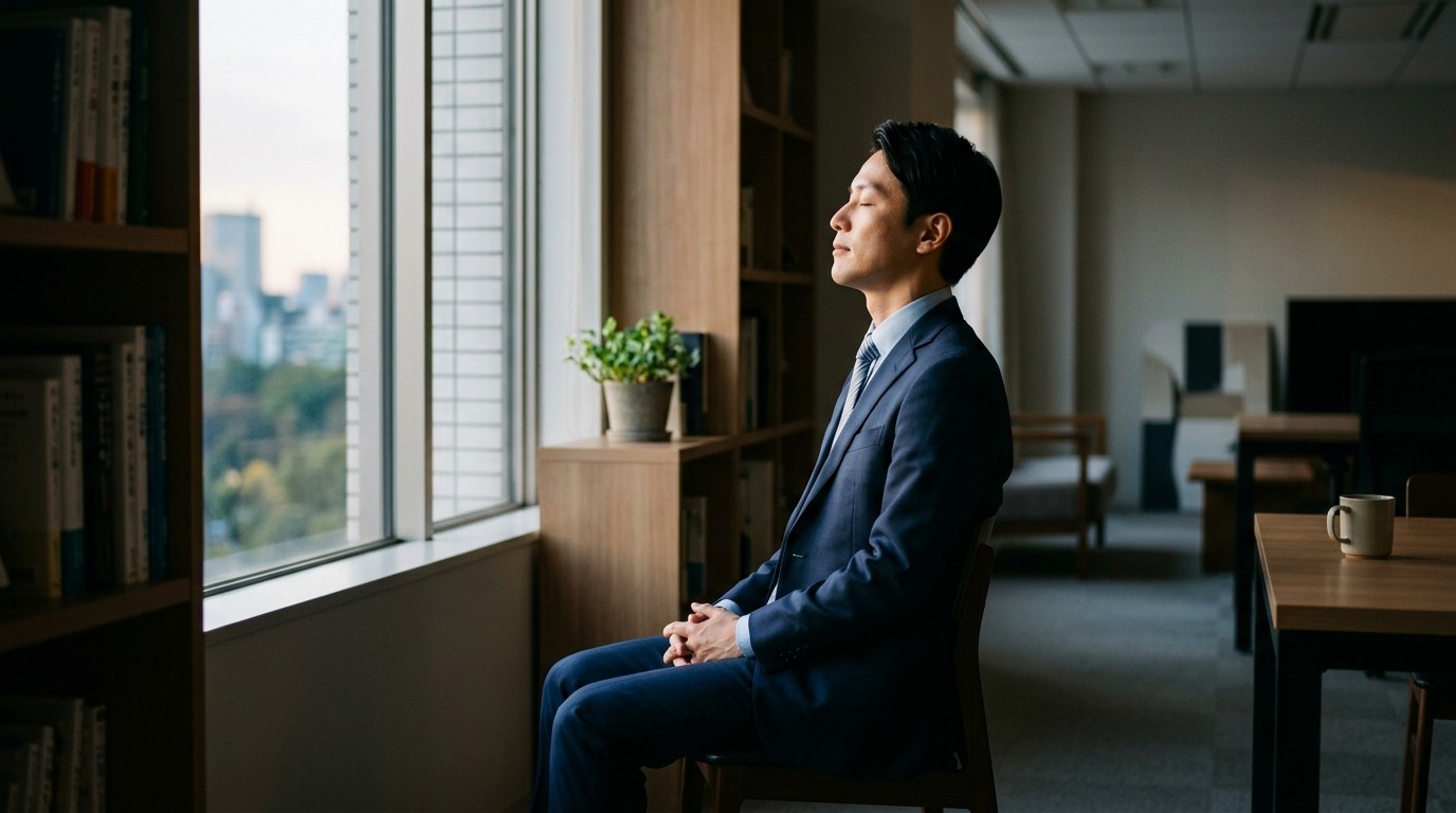 窓辺で静かに目を閉じ呼吸を整える日本人