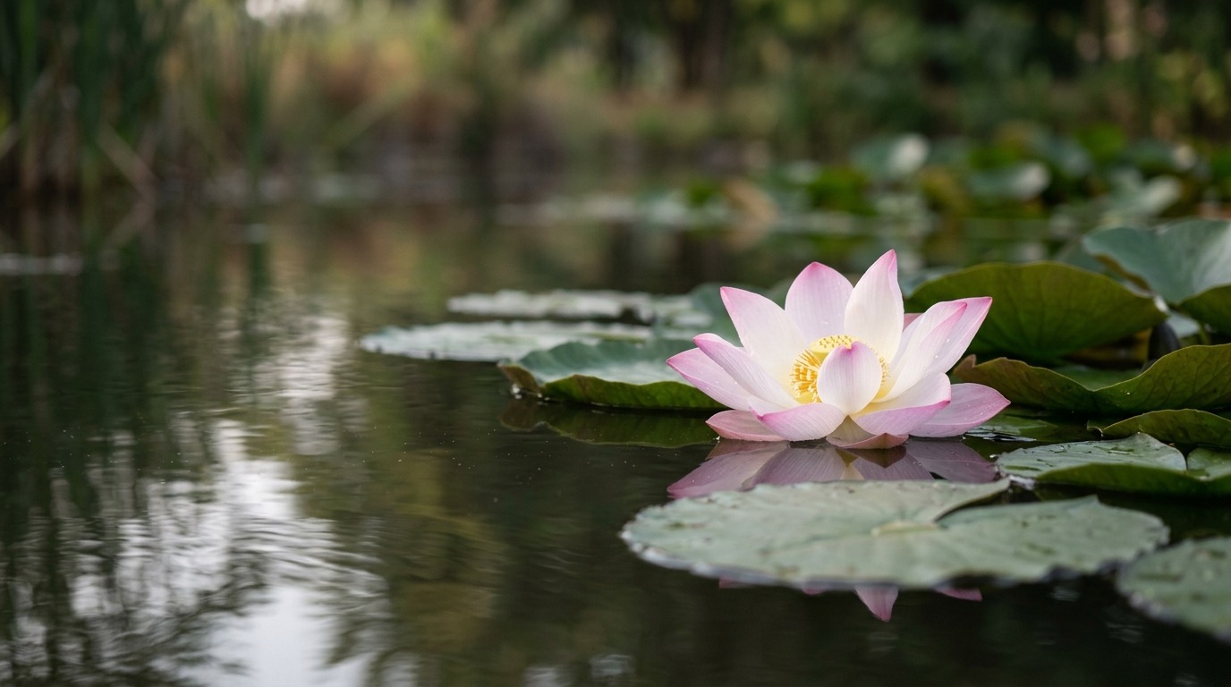 水面に静かに浮かぶ一輪の蓮の花のクローズアップ