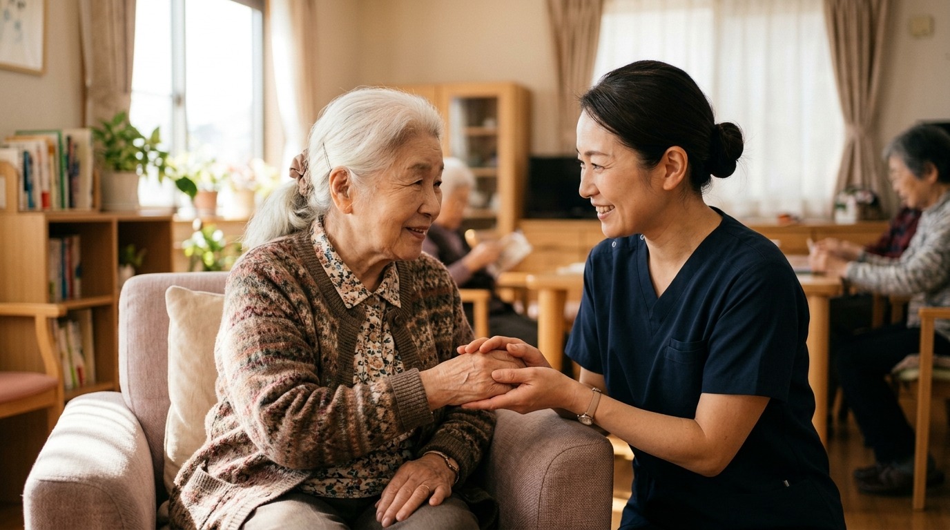 差し込む光の中で手を取り寄り添うような温かいケアの場面