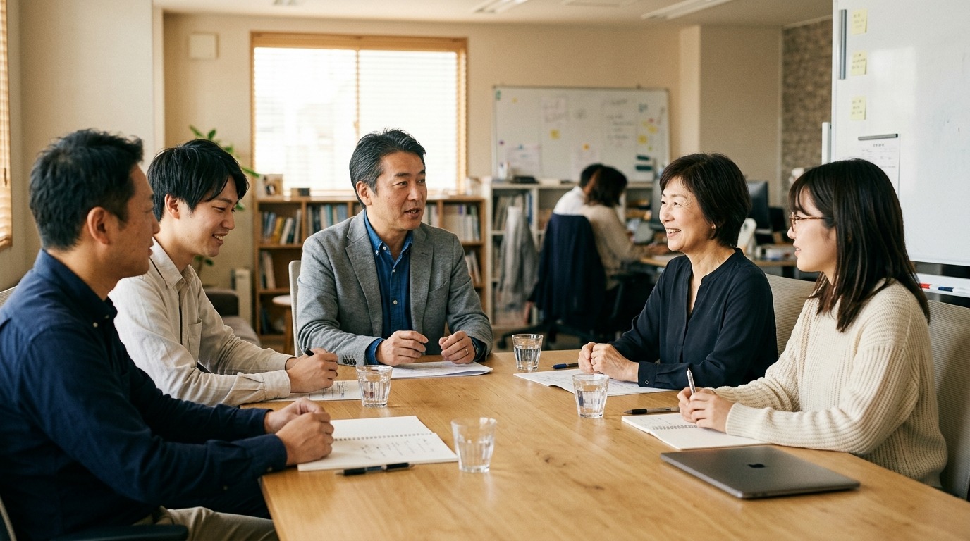 会議室で穏やかな表情で互いの話に耳を傾ける人々