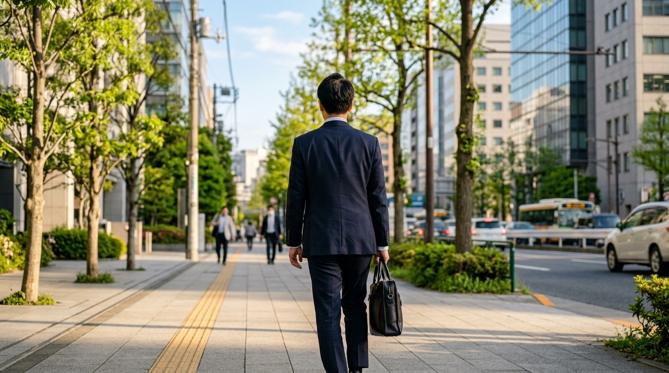 朝の光の中を一歩ずつ歩いていく人物の穏やかな後ろ姿