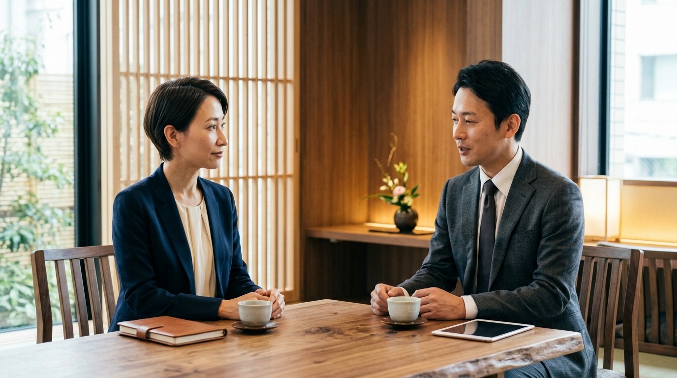 相談相手と並んで穏やかに話す日本人ビジネスパーソンの場面。和モダンな空間