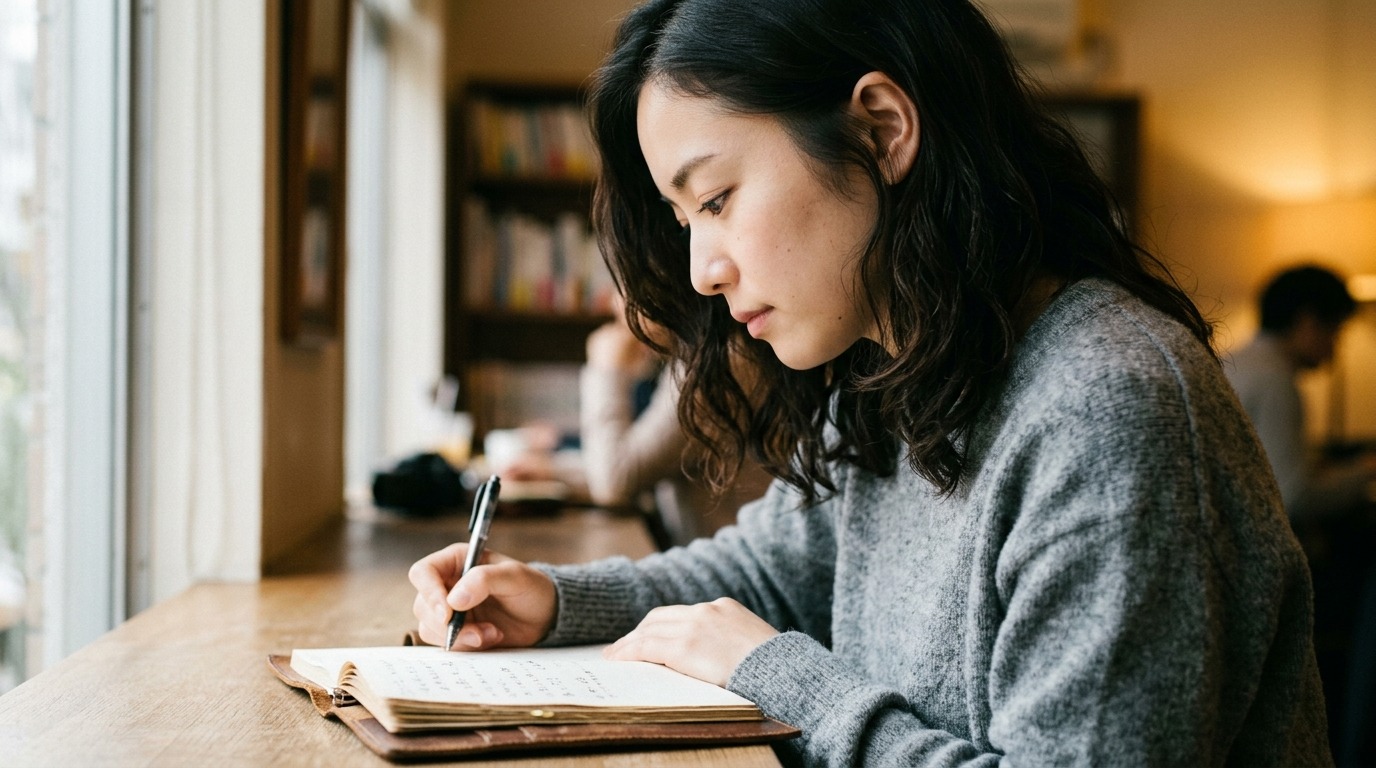 ノートに何かを書き留めながら静かに内省する人の横顔