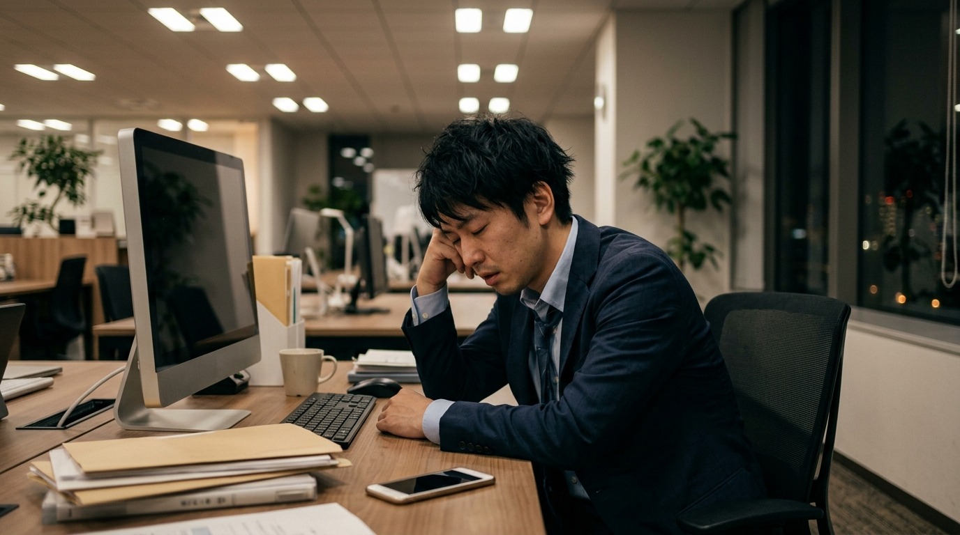 オフィスで疲れた表情でうつむく日本人ビジネスパーソン