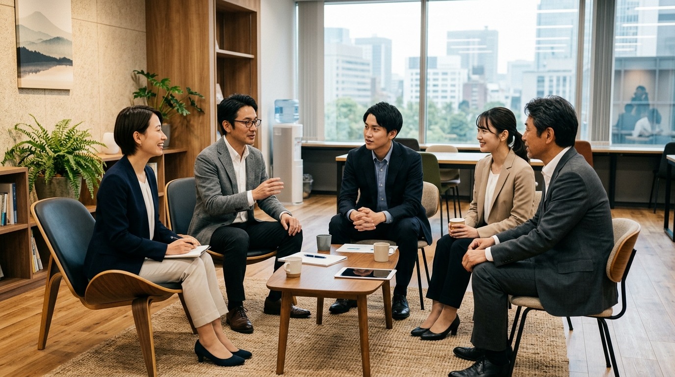 日本のオフィスで数名の日本人ビジネスパーソンが円になり穏やかに対話している場面
