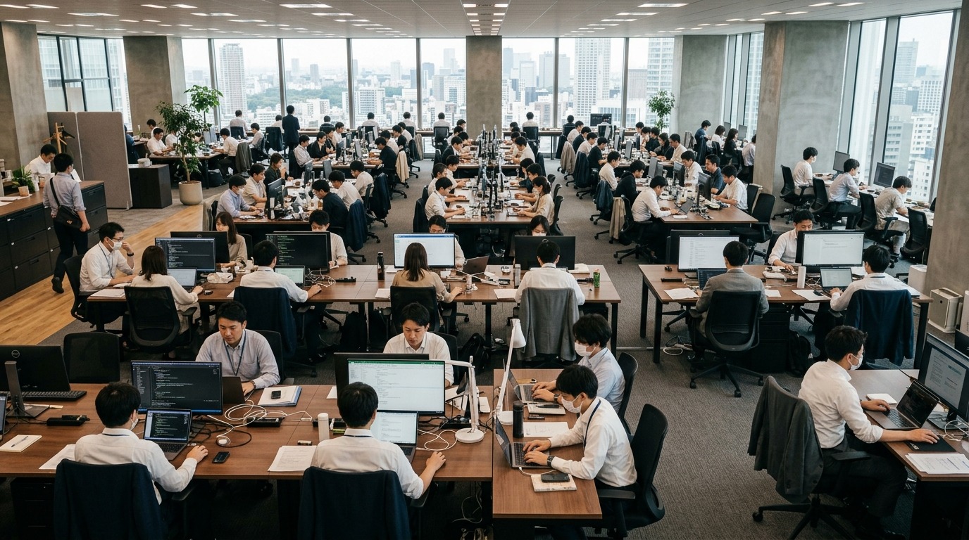広いオフィスで働く多くの日本人社員を少し引いて捉えた俯瞰