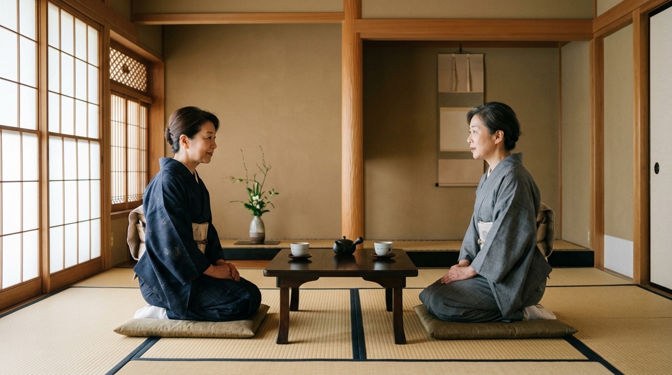 和室で向かい合い静かに対話する二人の日本人。畳と余白、穏やかな光