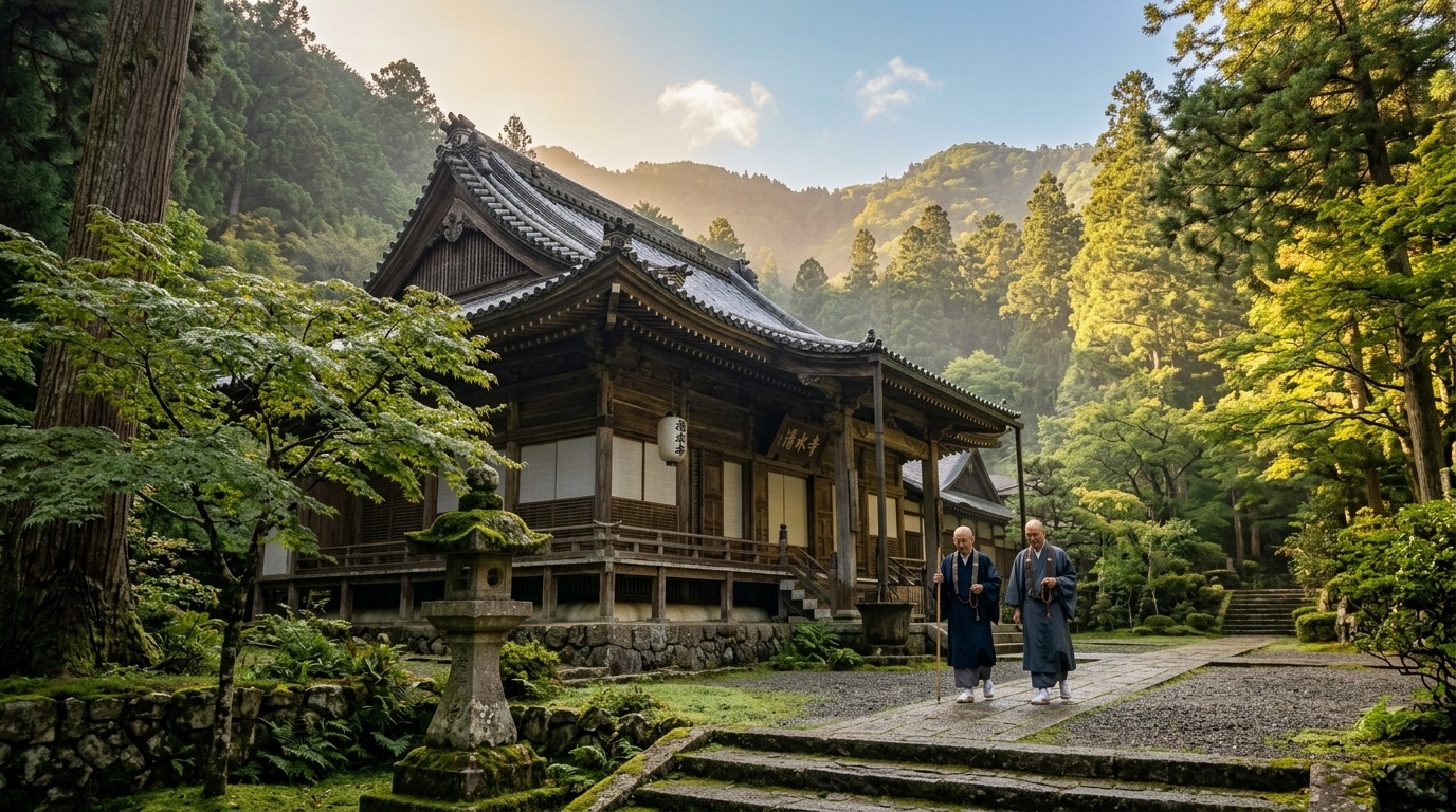 山あいの古い日本のお寺の静かな佇まいと朝の光